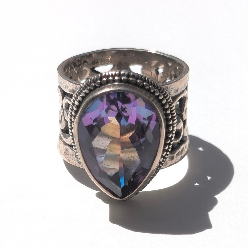 Sarda Bali 925 Sterling Silver Pear Mystic Quartz Filigree Statement Ring Size 7